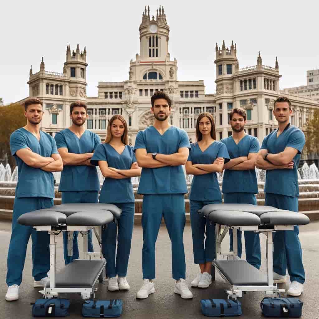 Equipo de fisioterapeutas con equipamiento portátil listos para servicio de urgencia en Madrid