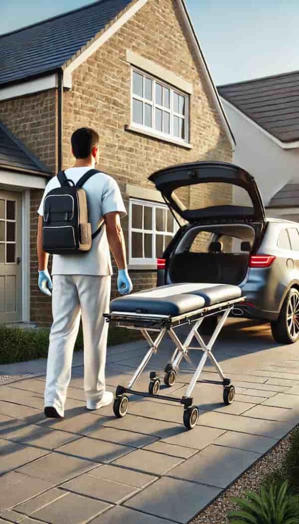 Fisioterapeuta acudiendo con camilla al domicilio de un paciente en Alcobendas