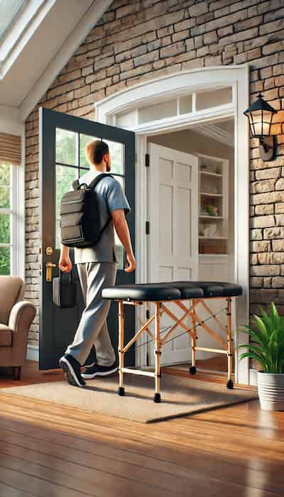 Fisioterapeuta entrando a un domicilio para sesión de fisioterapia en Tres Cantos