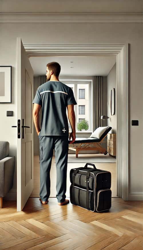 Fisioterapeuta entrando a domicilio en las tablas para tratar a su paciente