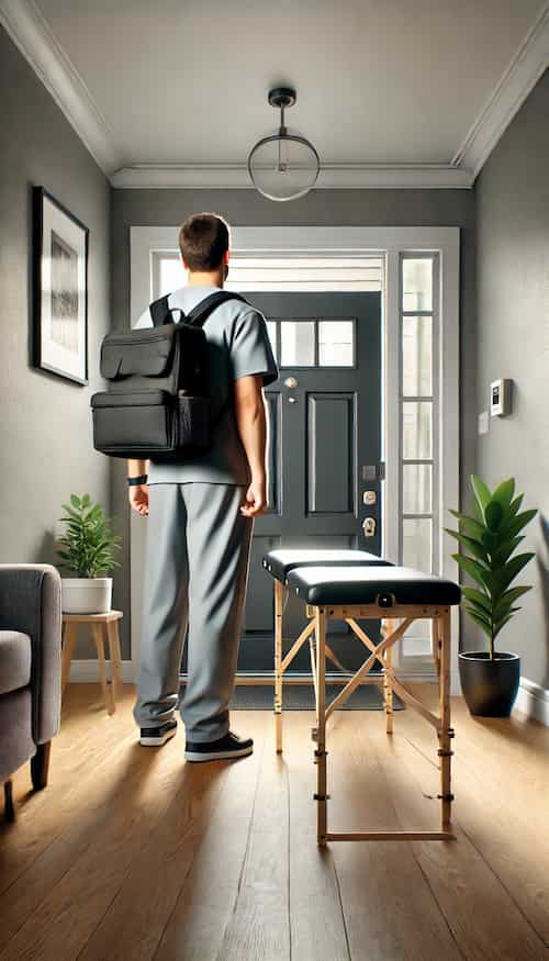 Fisioterapeuta esperando frente a la puerta de un domicilio en Valdebebas