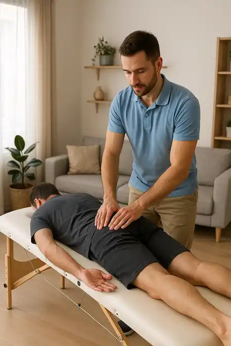 Fisioterapeuta dando sesión a domicilio en Madrid