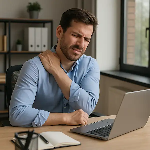 Trabajador con dolor en trapecio necesita fisioterapia en empresa